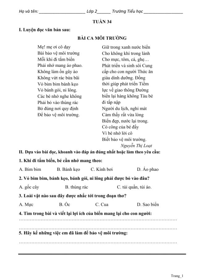 Phiếu Cuối Tuần Tiếng Việt 2 Tuần 34 - Thumbnail