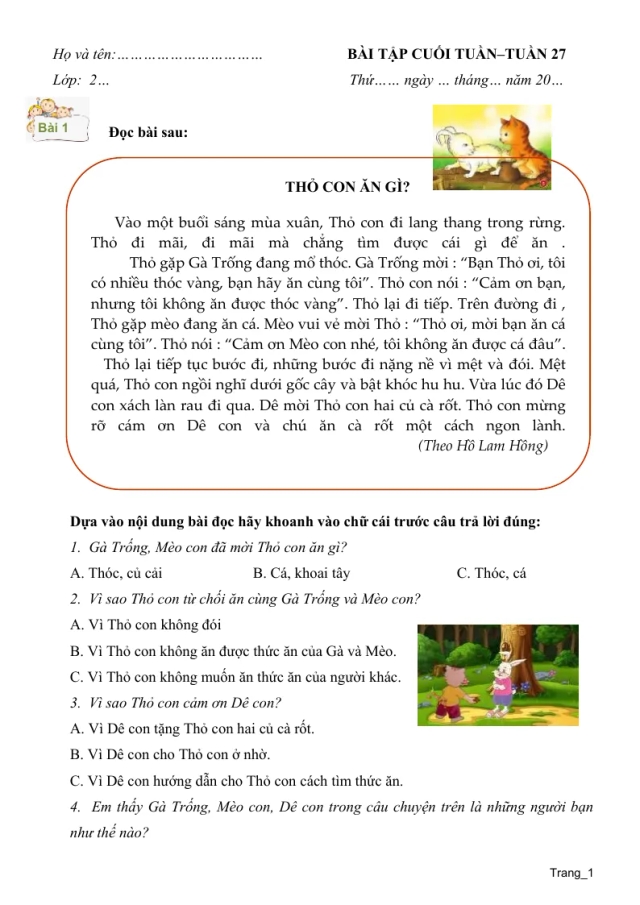 Phiếu Cuối Tuần Tiếng Việt 2 Tuần 27 - Thumbnail