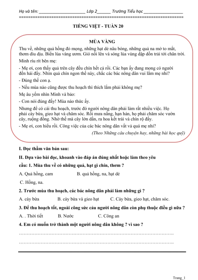 Phiếu Cuối Tuần Tiếng Việt 2 Tuần 20 - Thumbnail