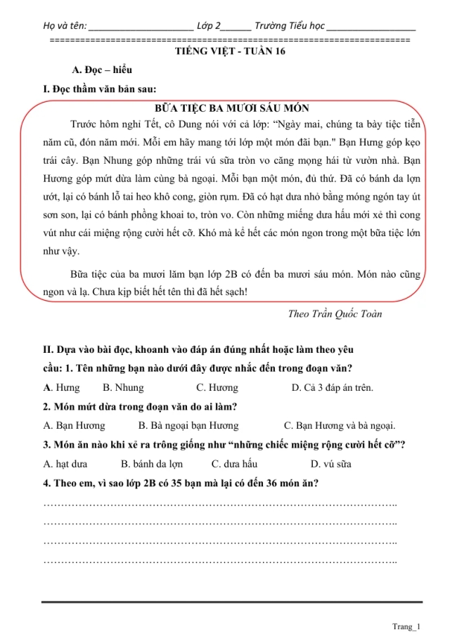 Phiếu Cuối Tuần Tiếng Việt 2 Tuần 16 - Thumbnail