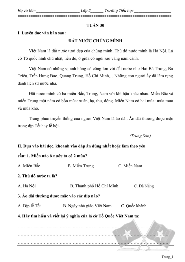 Phiếu Cuối Tuần Tiếng Việt 2 Tuần 30 - Thumbnail