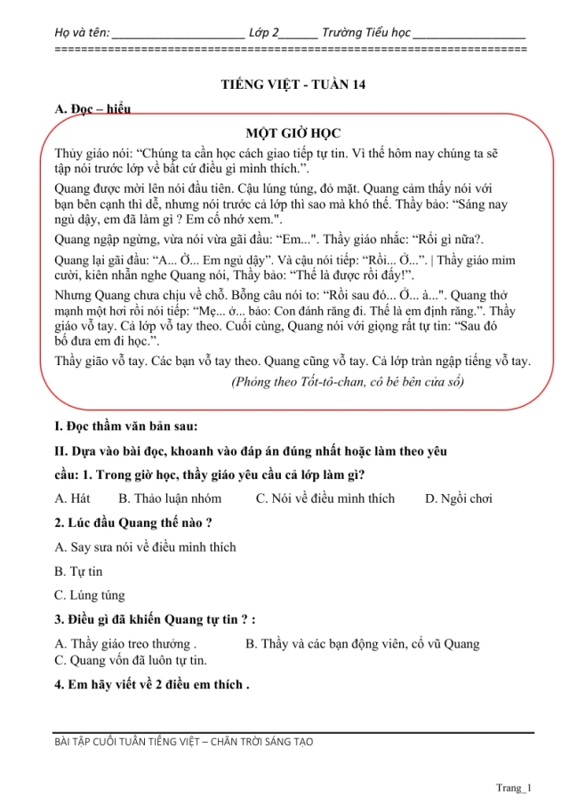 Phiếu Cuối Tuần Tiếng Việt 2 Tuần 14 - Thumbnail