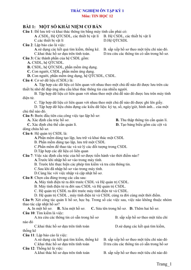 Trắc Nghiệm Ôn Thi Môn Tin 12 HK1 - Thumbnail