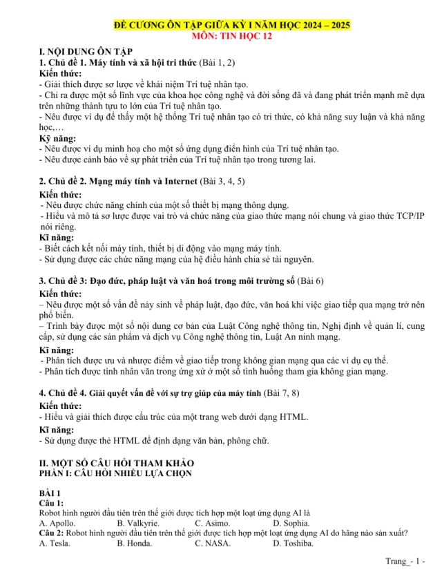 Đề Cương Ôn Giữa HK1 Tin 12 2024 - 2025 Tham Khảo - Thumbnail