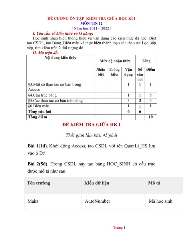Đề Cương Ôn Tập Môn Tin 12 Giữa Học Kỳ 1 - Thumbnail