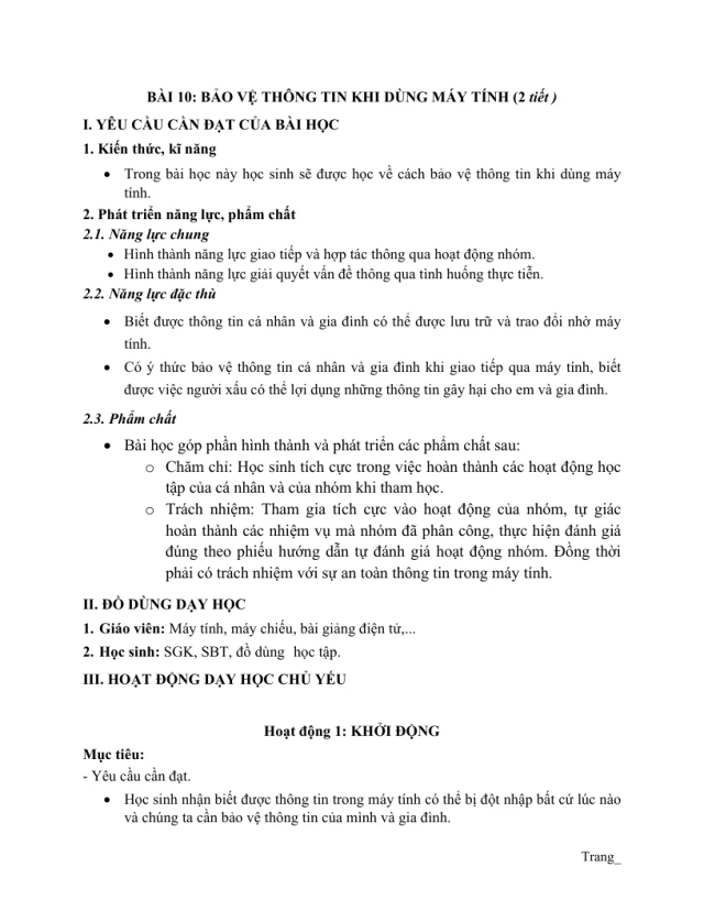 Giáo Án Tin Lớp 3 KNTT Bài 10 Bảo Vệ Thông Tin Khi Dùng Máy Tính - Thumbnail