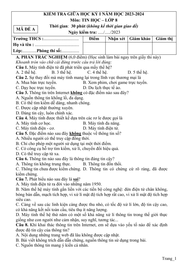 Đề Kiểm Tra Giữa Học Kỳ 1 Tin 8 - Thumbnail