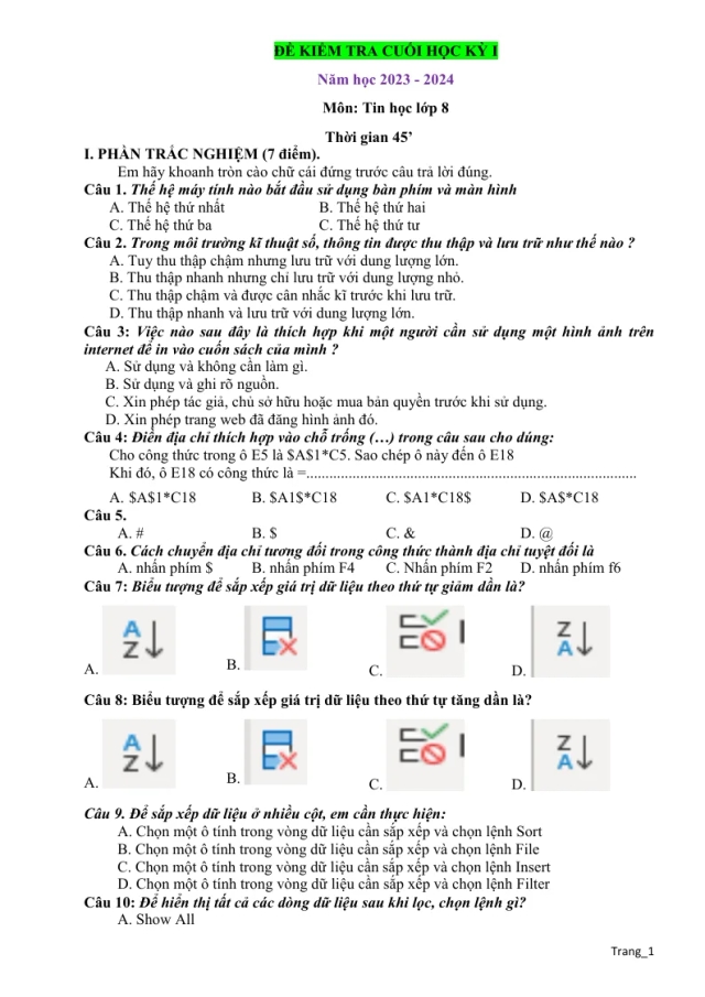 Đề Thi Học Kỳ 1 Tin 8 Năm 2023 - 2024 Có Đáp Án Ma Trận Đặc Tả - Thumbnail