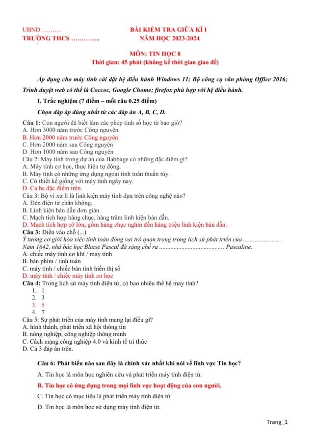 Đề Kiểm Tra Giữa Học Kỳ 1 Tin 8 Có Đáp Án Ma Trận Đặc Tả - Thumbnail