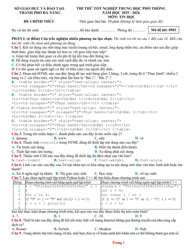 Đề Thi Thử Tốt Nghiệp 2026 Môn Tin Sở GD Đà Nẵng Lần 1 - Thumbnail