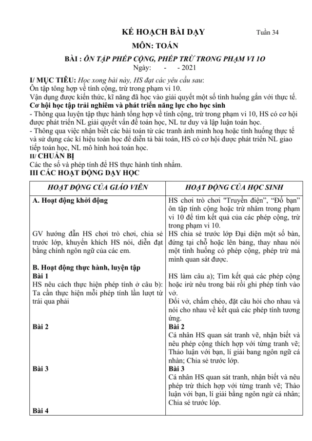 Giáo Án Toán Lớp 1 Sách Tuần 34 - Thumbnail
