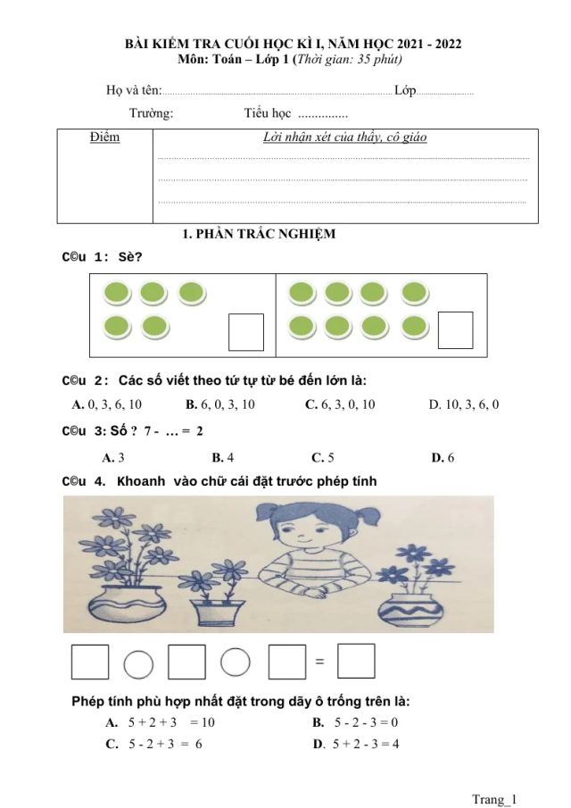 Đề Thi Học Kì 1 Toán 1 2021 - 2022 Có Đáp Án Và Ma Trận - Thumbnail