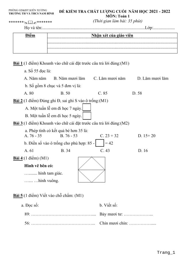 Đề Thi HK2 Toán 1 2021 - 2022 - Thumbnail
