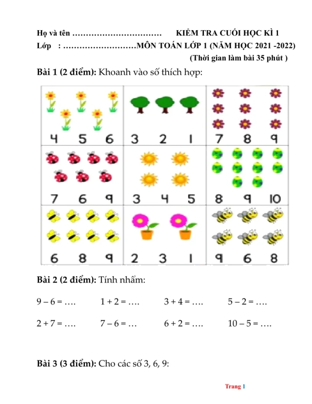 Bộ Đề Thi Học Kì 1 Toán Lớp 1 2021 - 2022 - Thumbnail