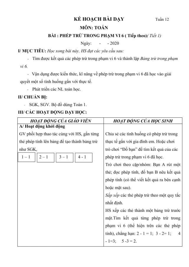 Giáo Án Toán Lớp 1 Sách Tuần 12 - Thumbnail
