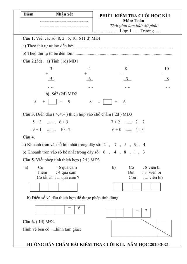 Bộ Đề Thi Học Kì 1 Toán 1 2021 - 2022 - Thumbnail