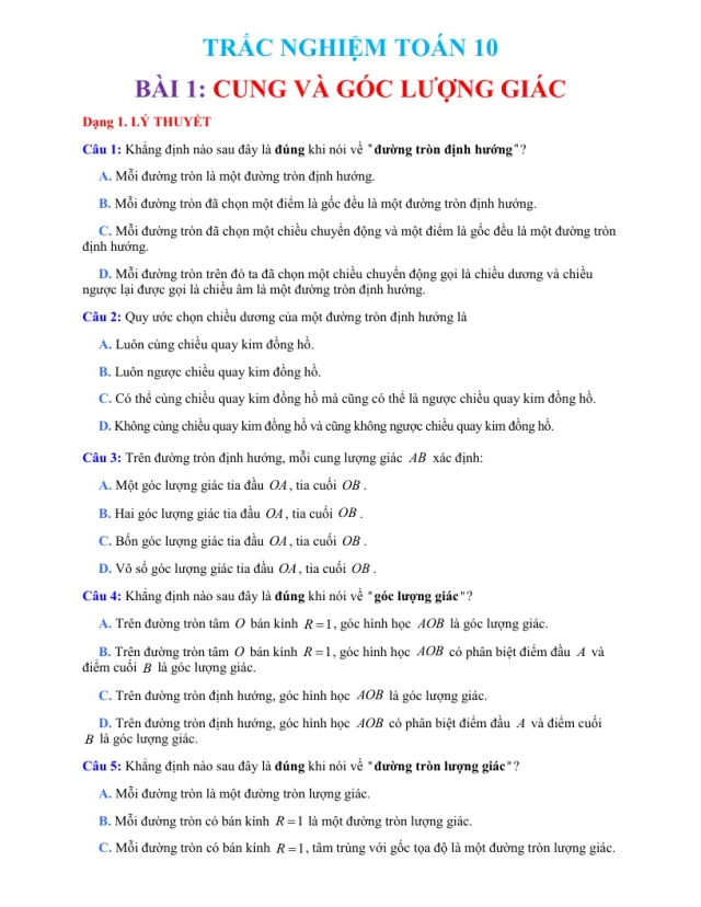 Trắc Nghiệm Bài 1 Cung Và Góc Lượng Giác Lớp 10 - Thumbnail