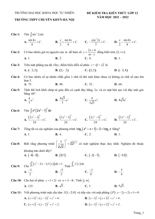 Đề Kiểm Tra Kiến Thức Toán Lớp 12 Năm 2022 Chuyên Đại Học KHTN Hà Nội - Thumbnail
