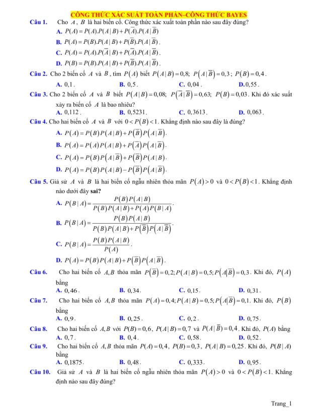 40 Câu Trắc Nghiệm Công Thức Xác Suất Toàn Phần Và Bayes Lớp 12 - Thumbnail