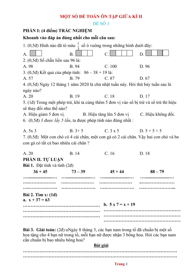 Bộ Đề Thi Giữa Học Kỳ 2 Toán 2 - Thumbnail