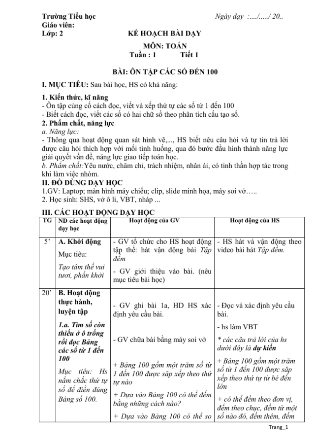Giáo Án Toán 2 - 4 Cột Học Kỳ 1 Rất Hay - Bộ 3 - Thumbnail