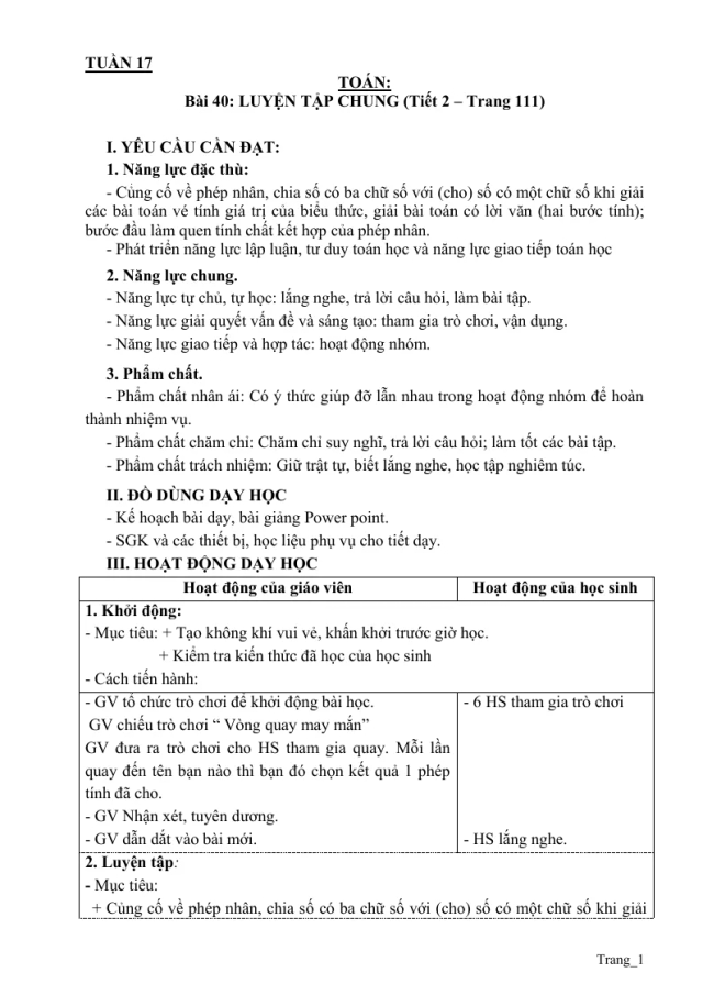 Kế Hoạch Bài Dạy Toán 3 Tuần 17 - Thumbnail