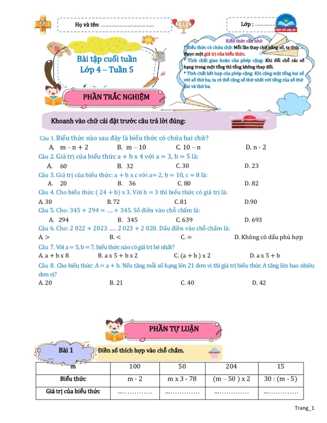 Bài Tập Cuối Tuần Toán 4 Tuần 5 - Thumbnail