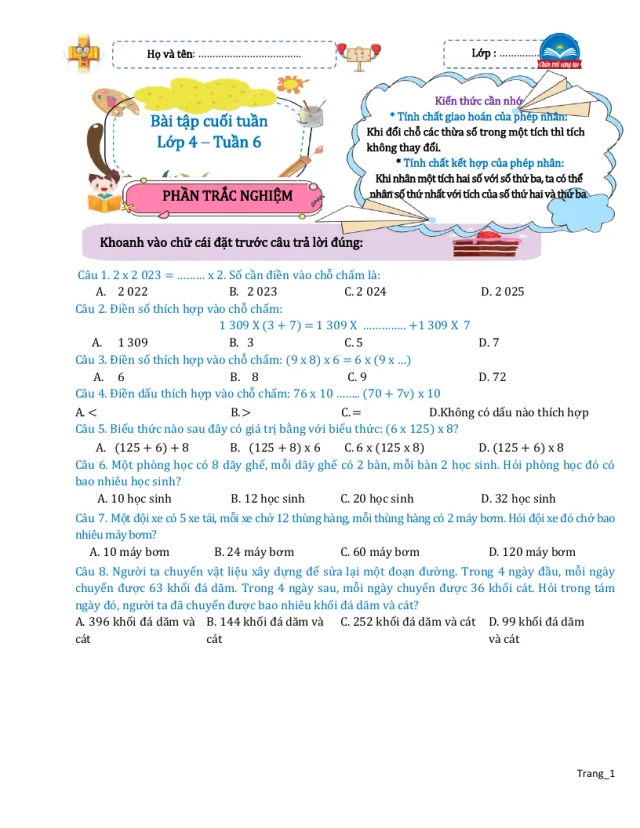 Bài Tập Cuối Tuần Toán 4 Tuần 6 - Thumbnail