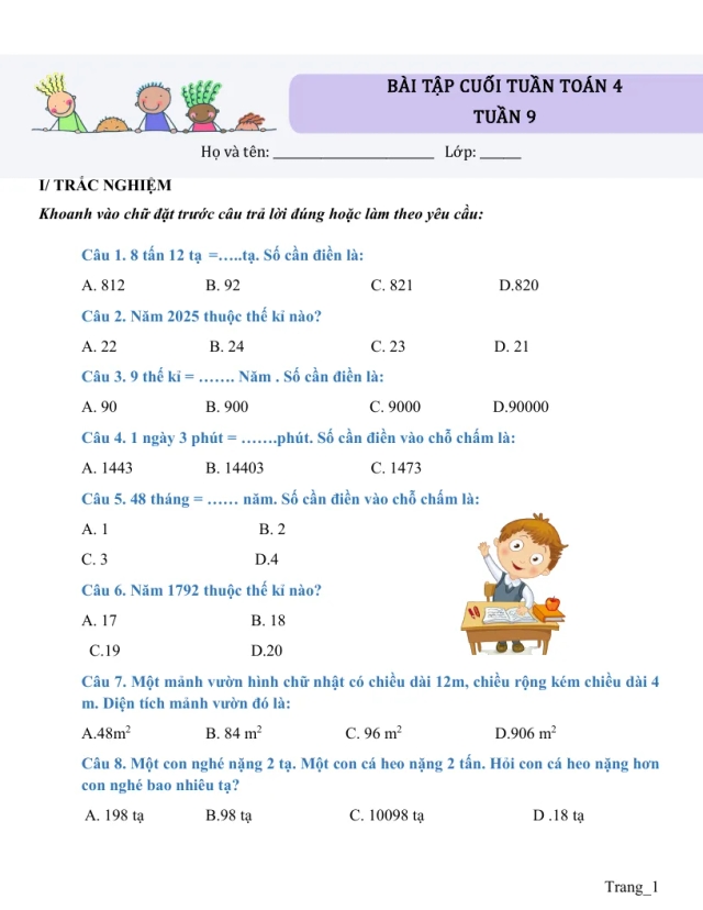 Bài Tập Cuối Tuần Toán 4 Tuần 9 - Thumbnail