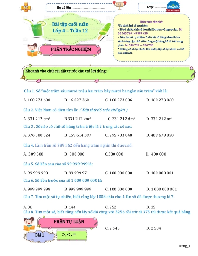 Bài Tập Cuối Tuần Toán 4 Tuần 12 - Thumbnail