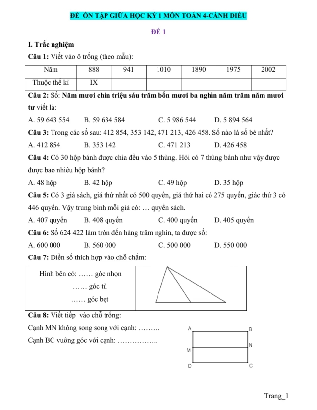 Bộ Đề Ôn Tập Giữa Học Kỳ 1 Toán 4 - Thumbnail