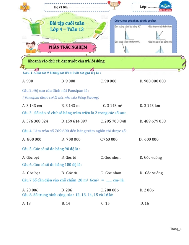 Bài Tập Cuối Tuần Toán 4 Tuần 13 - Thumbnail