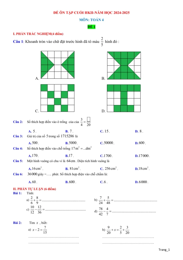 Bộ Đề Ôn Thi Học Kỳ 2 Toán 4 2024 - 2025 - Thumbnail