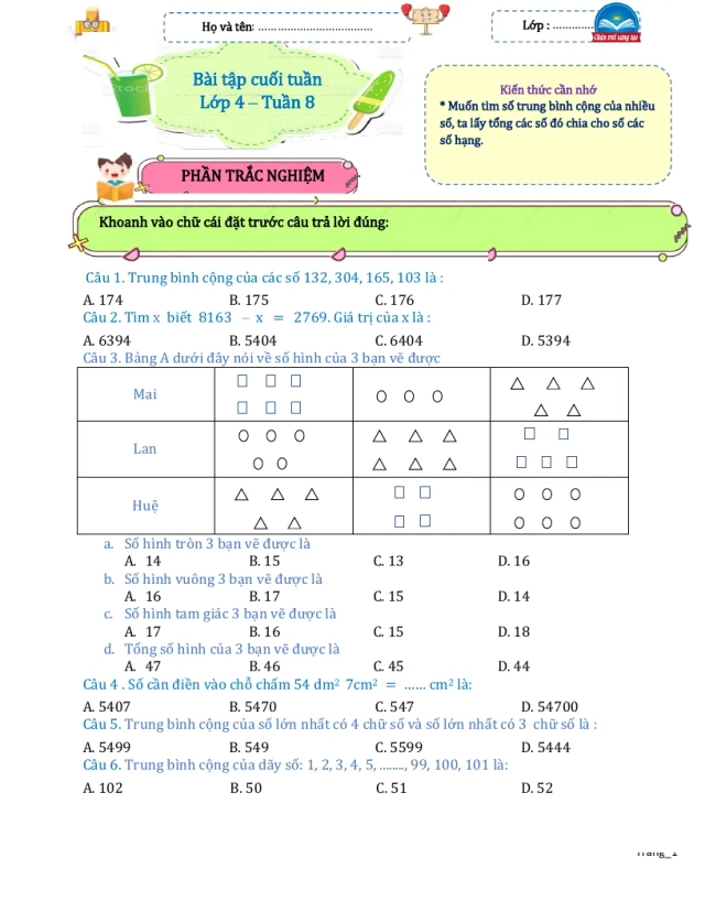Bài Tập Cuối Tuần Toán 4 Tuần 8 - Thumbnail