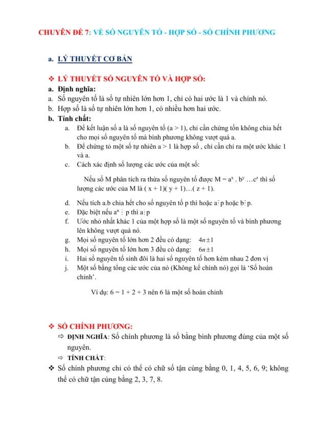 Chuyên Đề BDHSG Toán 6: Số Nguyên Tố - Hợp Số - Số Chính Phương - Thumbnail