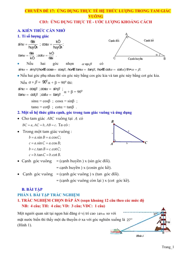 Chuyên Đề Ứng Dụng Thực Tế Hệ Thức Lượng Trong Tam Giác Vuông Ôn Thi Vào 10 - Thumbnail