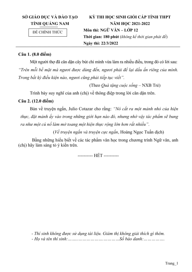 Đề Thi HSG Ngữ Văn 12 Sở Giáo Dục Quảng Nam 2022 - Thumbnail
