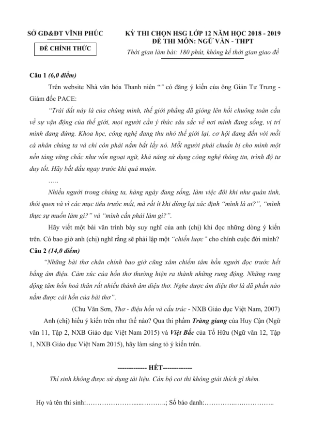 Đề Thi HSG Ngữ Văn 12 Tỉnh Vĩnh Phúc Năm 2019 - Thumbnail