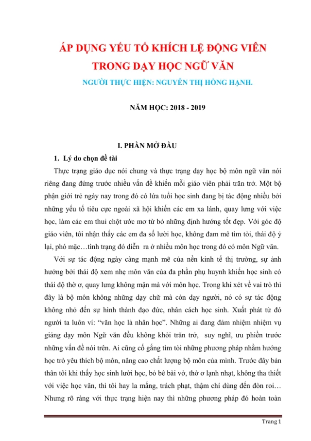 SKKN Áp Dụng Yếu Tố Khích Lệ Động Viên Trong Dạy Học Ngữ Văn - Thumbnail