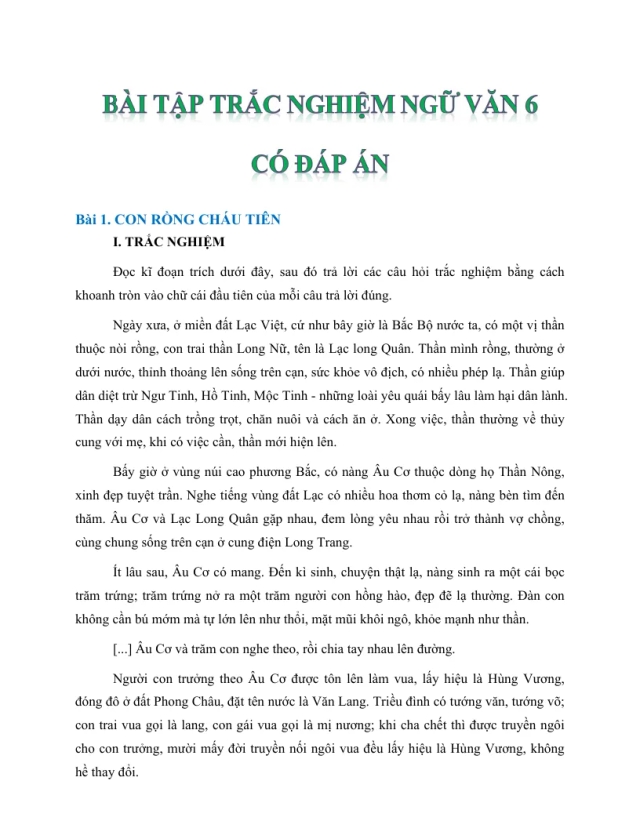 Bài tập trắc nghiệm ngữ văn 6 cả năm - Thumbnail