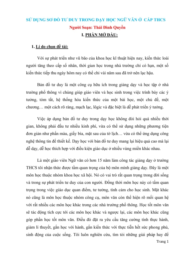 SKKN Sử Dụng Sơ Đồ Tư Duy Trong Dạy Học Ngữ Văn Ở Cấp THCS - Thumbnail