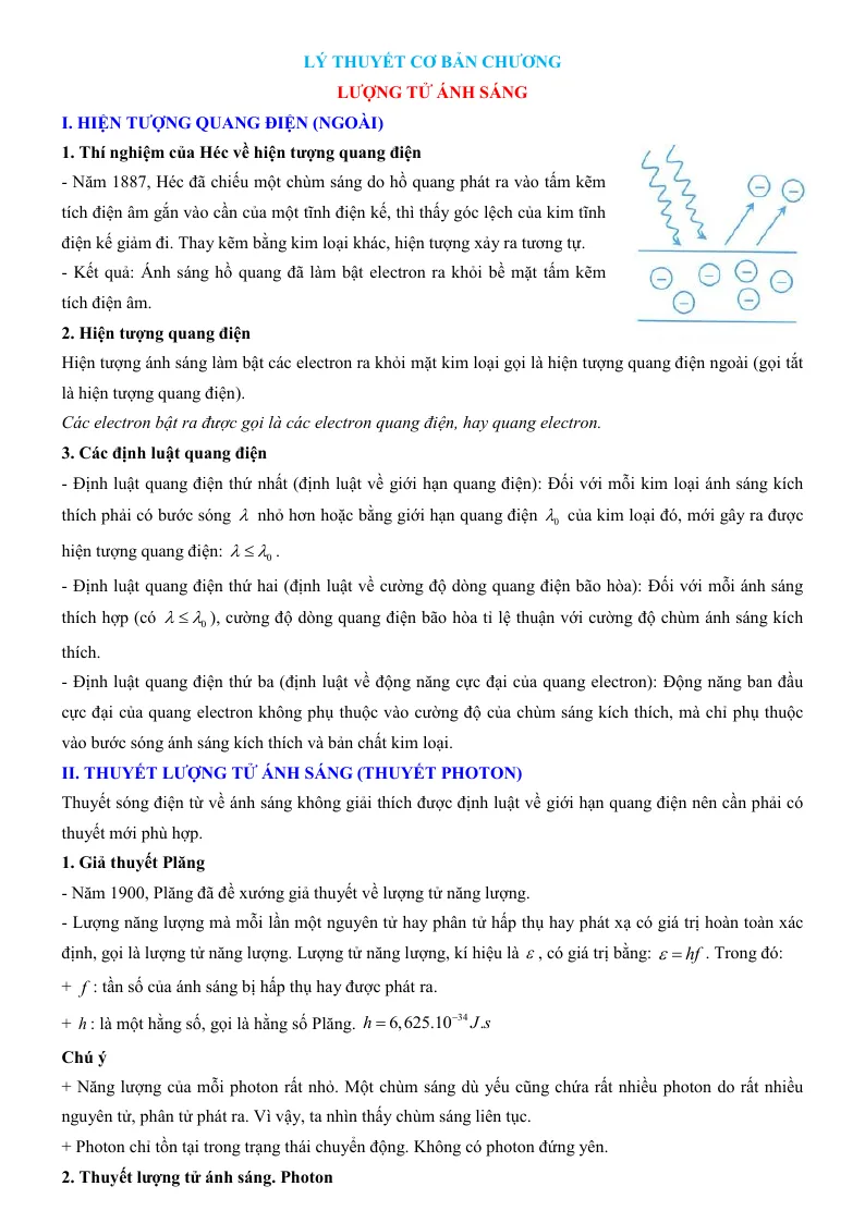 Tóm Tắt Lý Thuyết Chương Lượng Tử Ánh Sáng Vật Lí 12