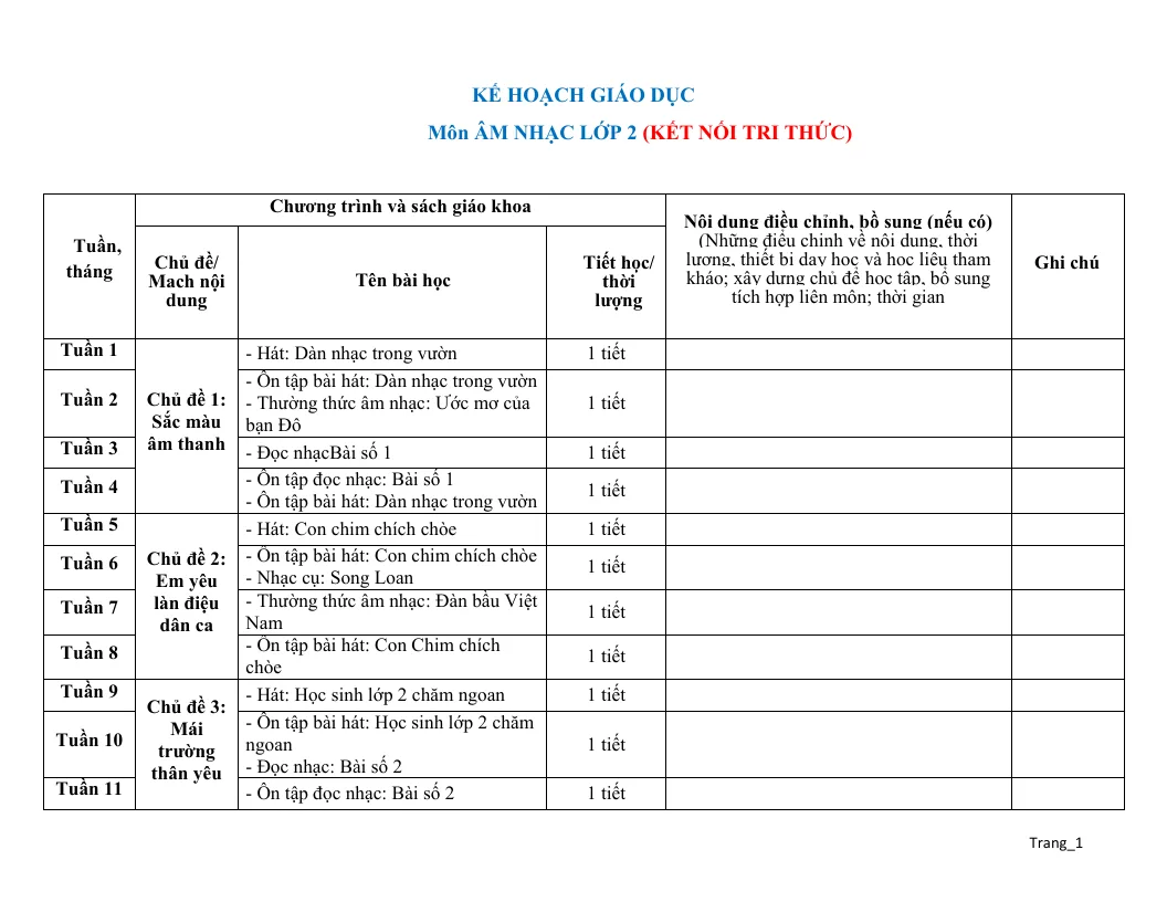 Kế Hoạch Giáo Dục Môn Âm Nhạc Lớp 2 Sách - Thumbnail