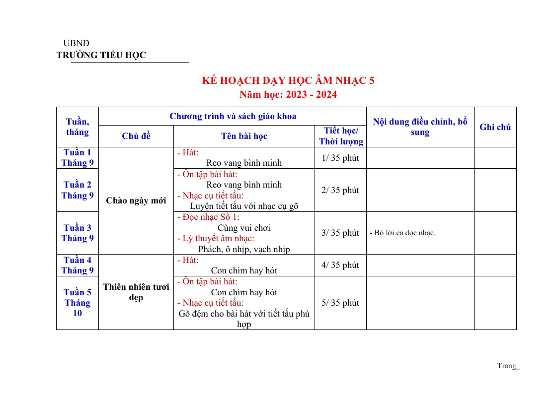 Kế Hoạch Dạy Học Âm Nhạc 5 - Thumbnail