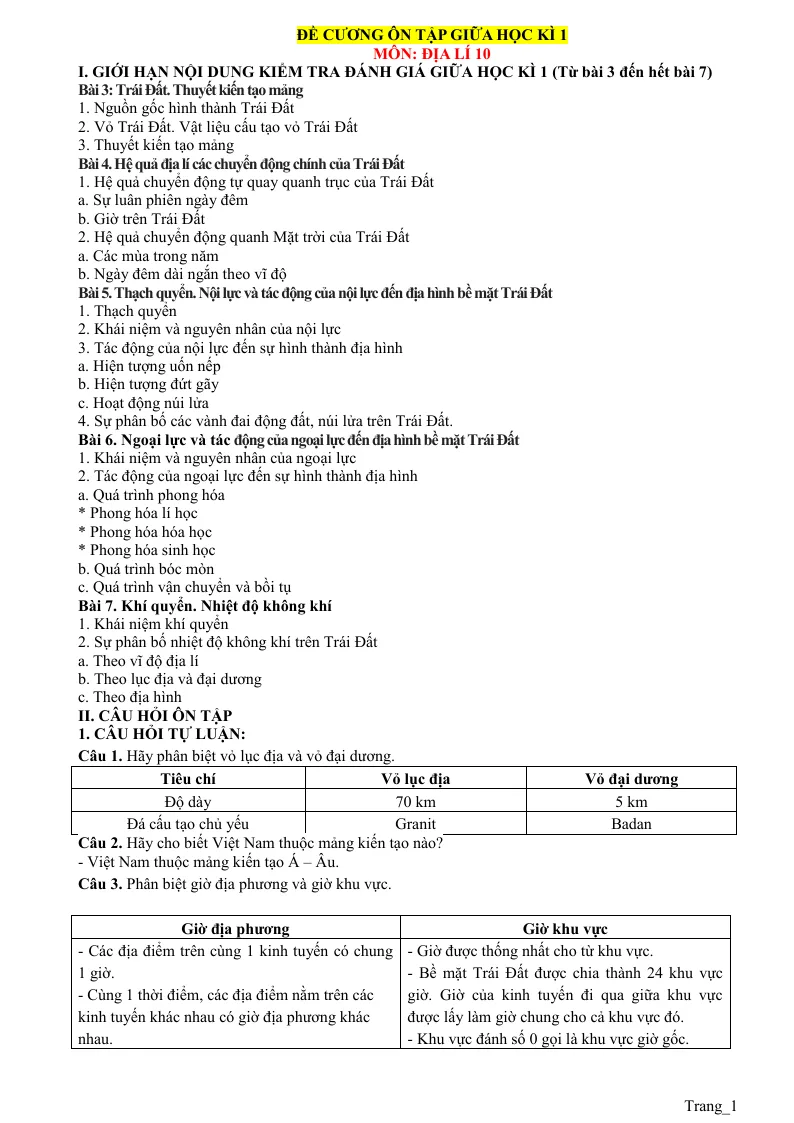 Đề Cương Ôn Giữa Kỳ 1 Địa 10 Cấu Trúc Mới Theo Bài Học