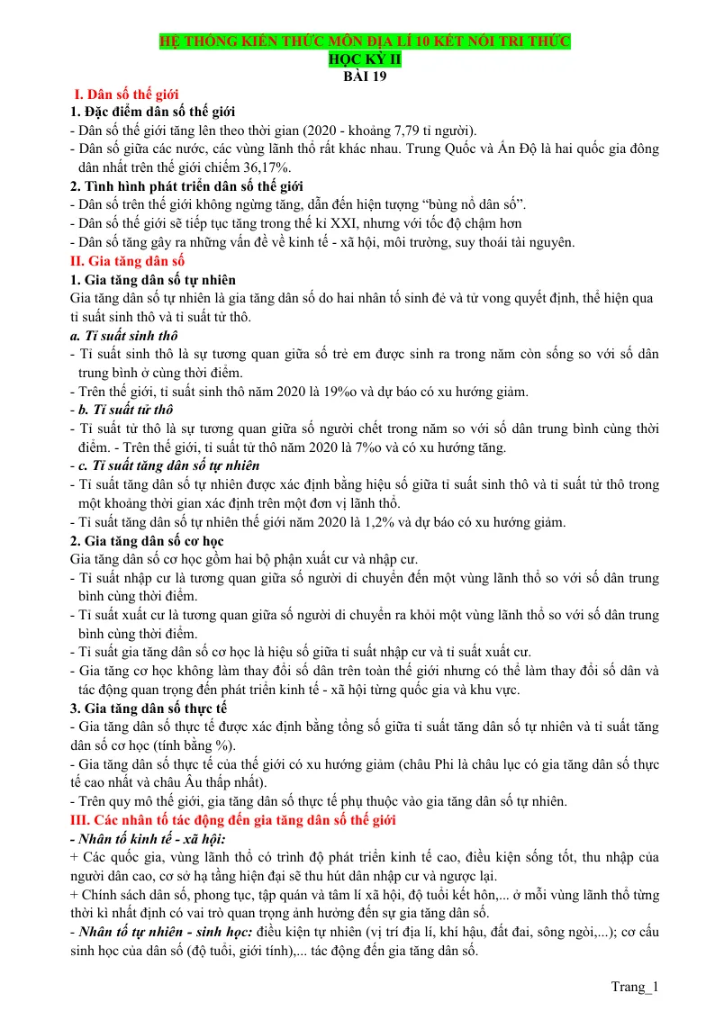 Hệ Thống Kiến Thức Địa 10 Học Kỳ 2