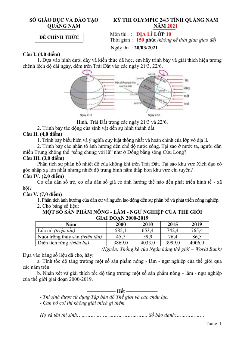 Đề Thi Olympic Địa Lí 10 Sở GD&ĐT Quảng Nam 2021