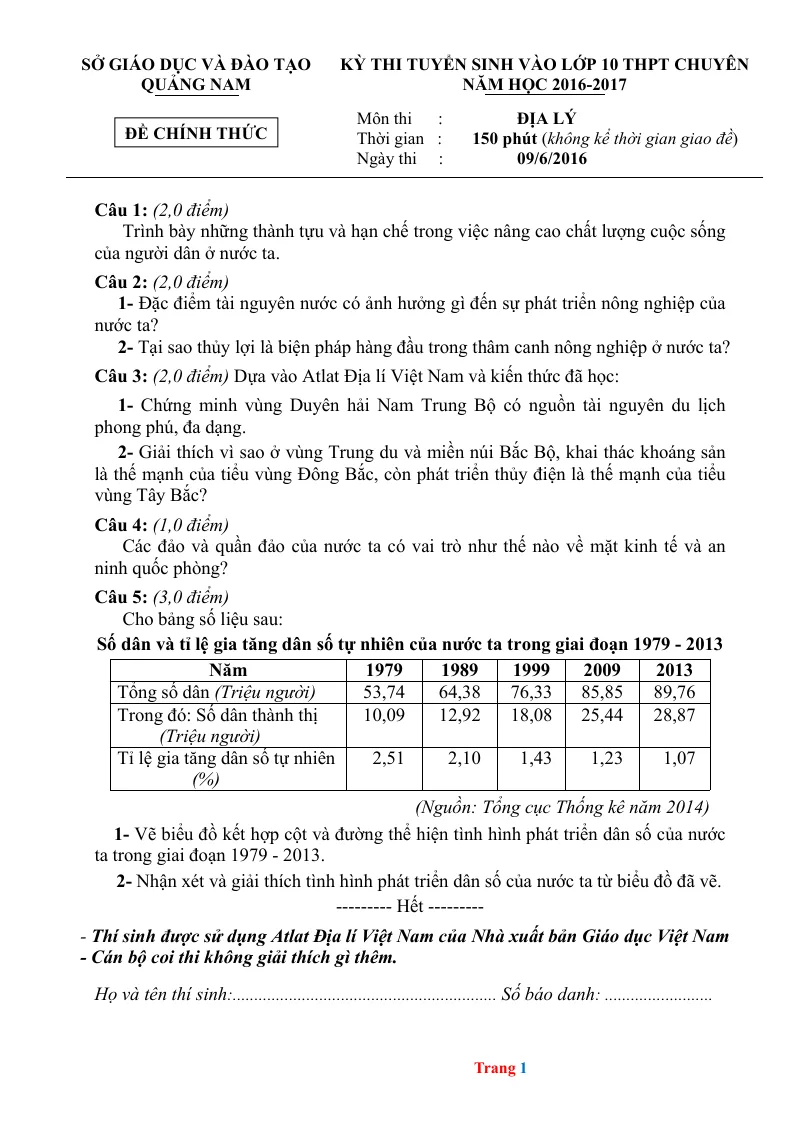 Đề Tuyển Sinh 10 Môn Địa Lí Chuyên Sở GD Quảng Nam 2016 - 2017