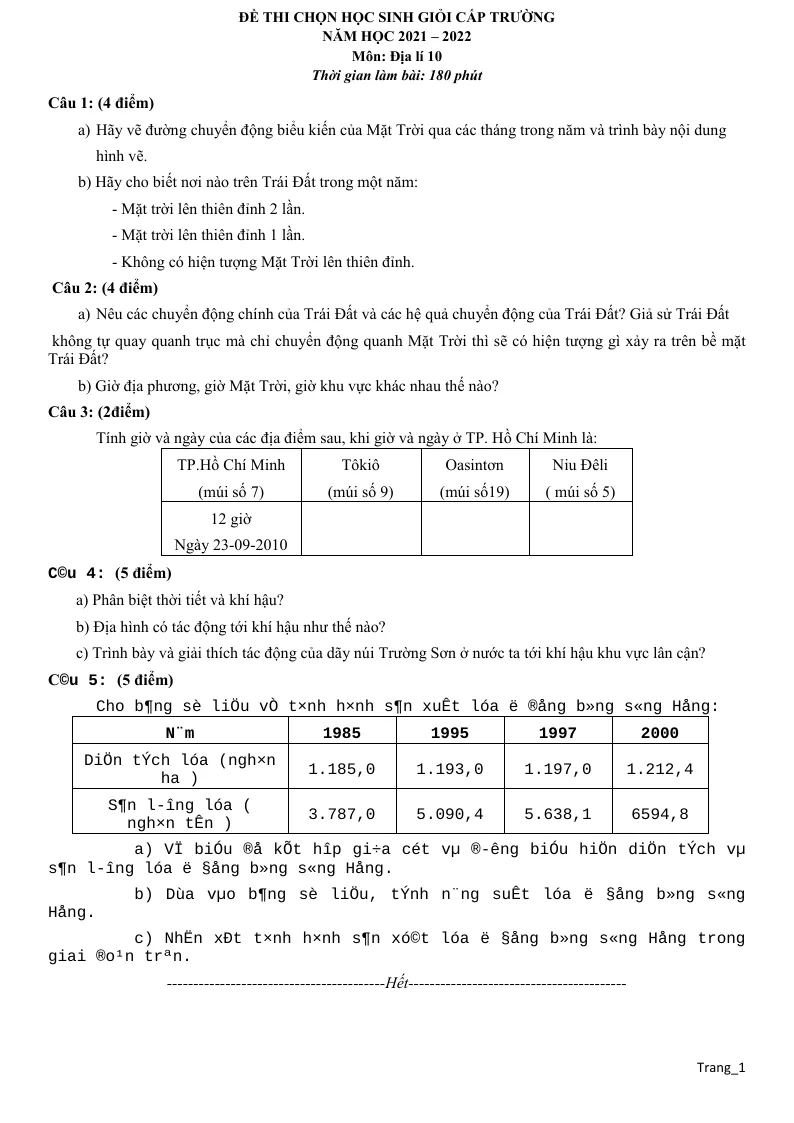 Đề Thi HSG Địa Lí 10 Cấp Trường 2022