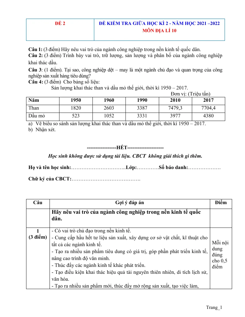 Đề Thi Giữa Học Kỳ 2 Địa 10 Có Đáp Án (Đề 2)